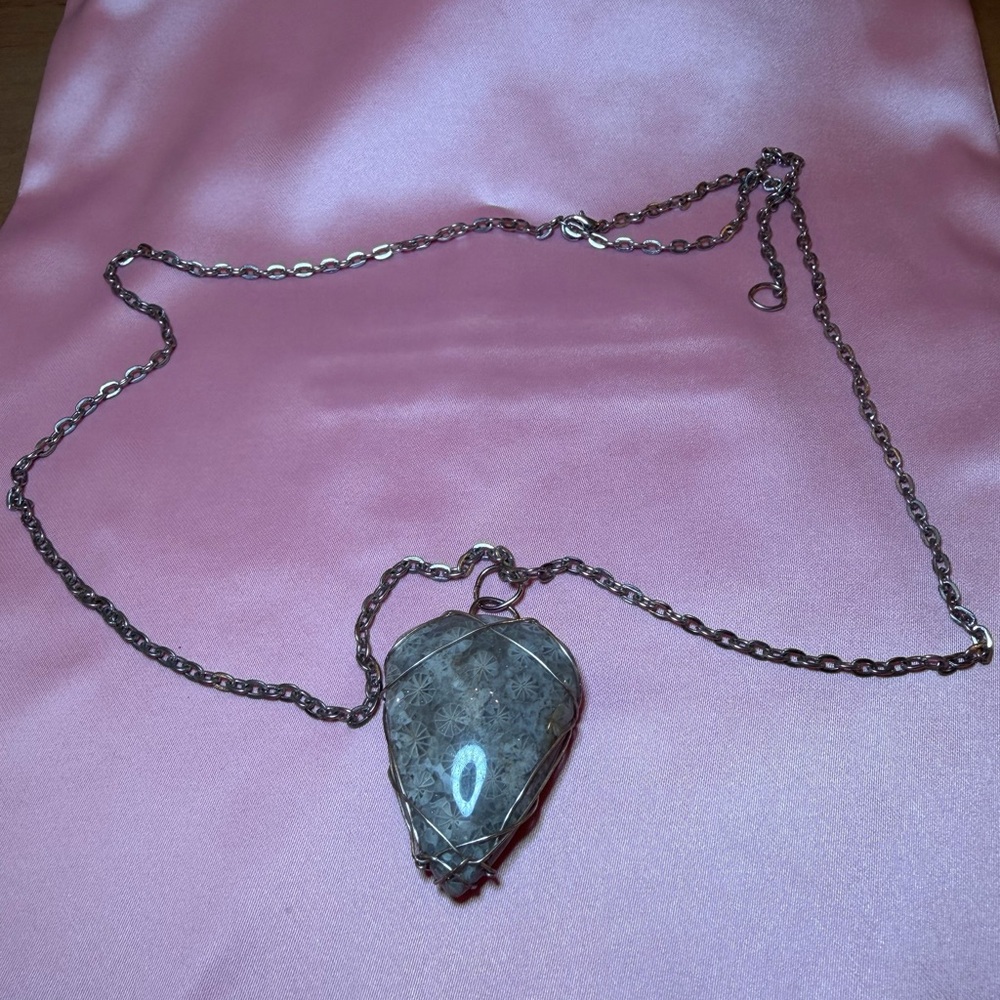 Fossilized Coral Cab Pendant w/ Silver Chain Necklace